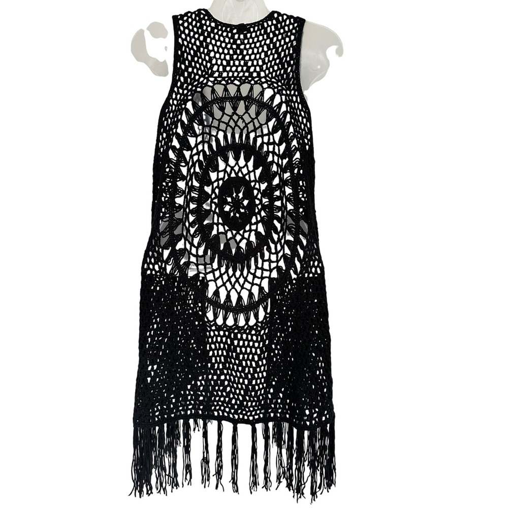 Black Crochet Longline Vest Mandala‎ Back Fringe Boho Festival Sleeveless Small
